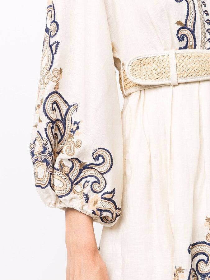 Women's Embroidered Dress - V-Neck - Three-Quarter Sleeve - Belted Waist - Boho Style by Lumina Vancouver