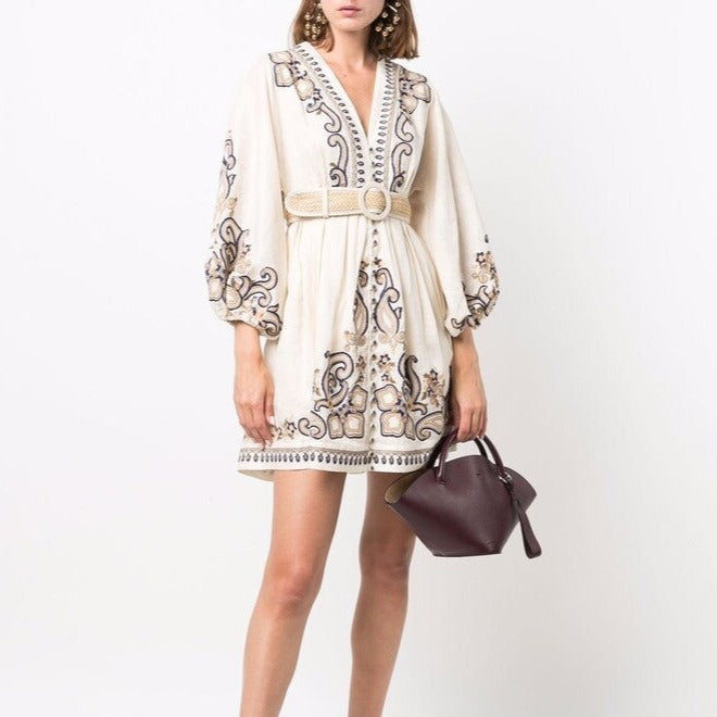 Women's Embroidered Dress - V-Neck - Three-Quarter Sleeve - Belted Waist - Boho Style by Lumina Vancouver