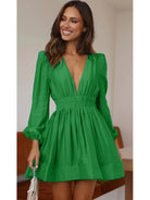 Women's Mini Dress - Fit and Flare - Deep V-Neck - Long Sleeve - Puff Shoulder by Lumina Vancouver