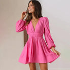 Women's Mini Dress - Fit and Flare - Deep V-Neck - Long Sleeve - Puff Shoulder by Lumina Vancouver