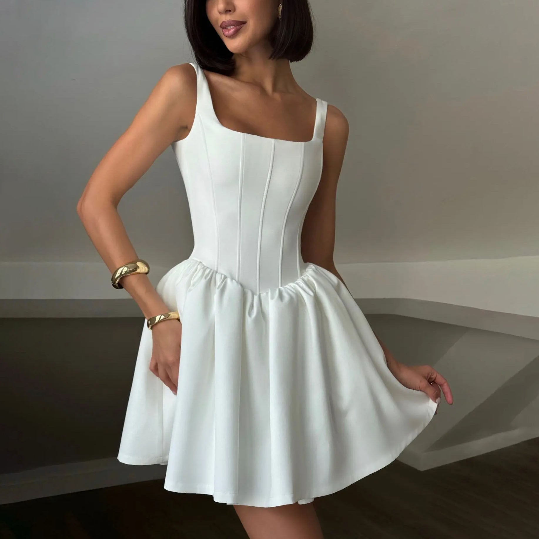 Women’s Mini Dress – Satin – Slim Fit – Sleeveless – Square Neck – Flared Skirt by Lumina Vancouver