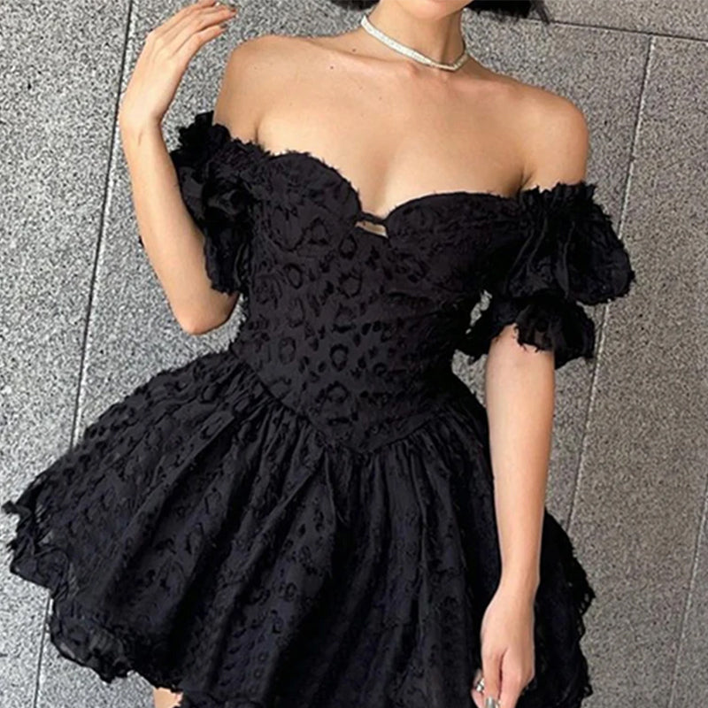 Women's Off-Shoulder Mini Dress - Sweetheart Neckline - Puffy Ruffled Sleeves - Flared Skirt by Lumina Vancouver