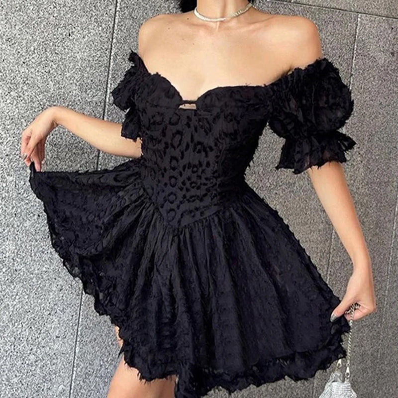 Women's Off-Shoulder Mini Dress - Sweetheart Neckline - Puffy Ruffled Sleeves - Flared Skirt by Lumina Vancouver