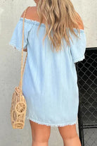 Women's Off-Shoulder Denim Dress - Short Sleeve - Button Front - Frayed Hem by Lumina Vancouver