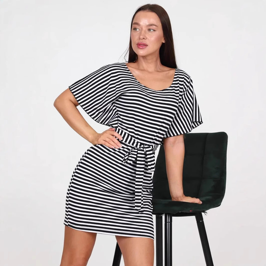 Women’s Mini Dress – Slim Fit – Striped Pattern – Belted Waist – Short Sleeve – Round Neck by Lumina Vancouver