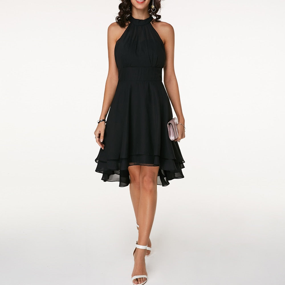Women's Halter Neck Dress - Sleeveless - Fitted Waist - Layered Asymmetrical Skirt by Lumina Vancouver