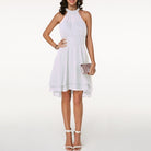 Women's Halter Neck Dress - Sleeveless - Fitted Waist - Layered Asymmetrical Skirt by Lumina Vancouver