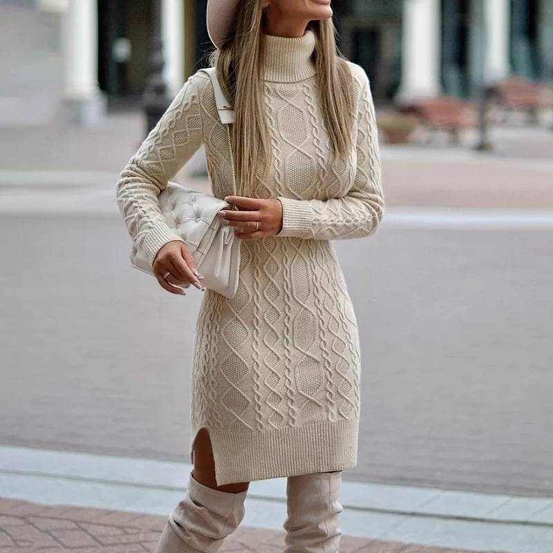 Women’s Mini Dress – Slim Fit Wool Blend – Turtleneck – Cable Knit – Side Slit by Lumina Vancouver