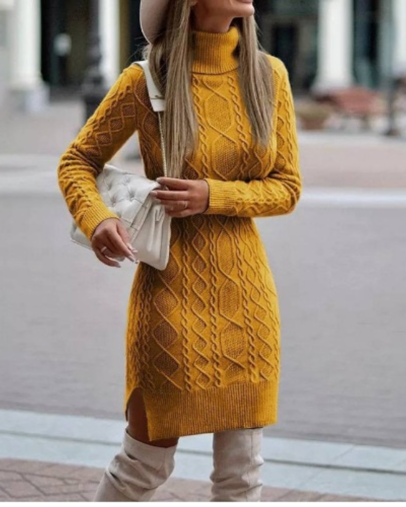 Women’s Mini Dress – Slim Fit Wool Blend – Turtleneck – Cable Knit – Side Slit by Lumina Vancouver