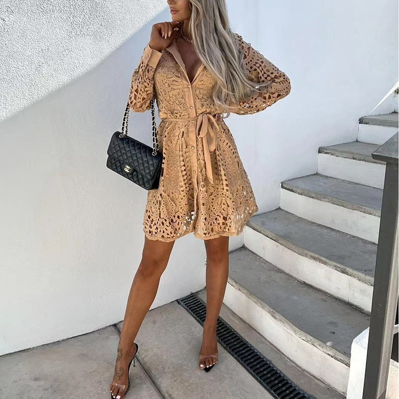 Women's Lace Dress - Collared Neckline - Long Sleeve - Button Front - Waist Tie by Lumina Vancouver