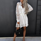 Women's Lace Dress - Collared Neckline - Long Sleeve - Button Front - Waist Tie by Lumina Vancouver