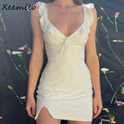 Women's Mini Dress - Sleeveless Deep V-Neck - Ruffled Tie-Front - Fitted Waist by Lumina Vancouver
