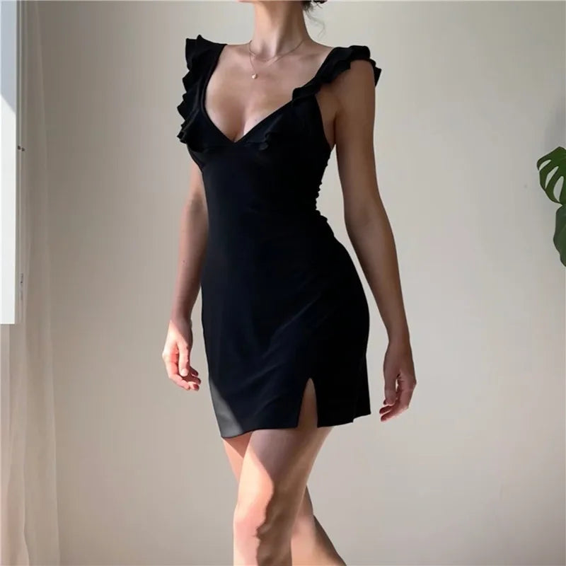 Women's Mini Dress - Sleeveless Deep V-Neck - Ruffled Tie-Front - Fitted Waist by Lumina Vancouver