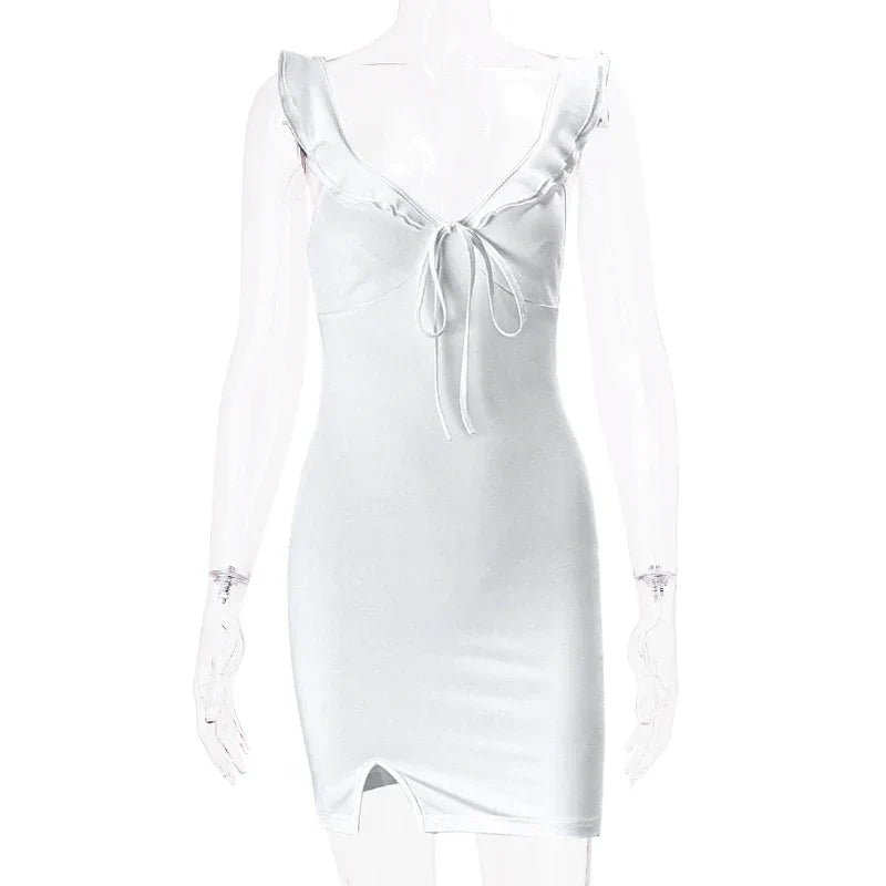 Women's Mini Dress - Sleeveless Deep V-Neck - Ruffled Tie-Front - Fitted Waist by Lumina Vancouver