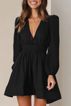 Women's Mini Dress - V-Neck - Long Puff Sleeves - Flared Skirt - Fitted Waist by Lumina Vancouver