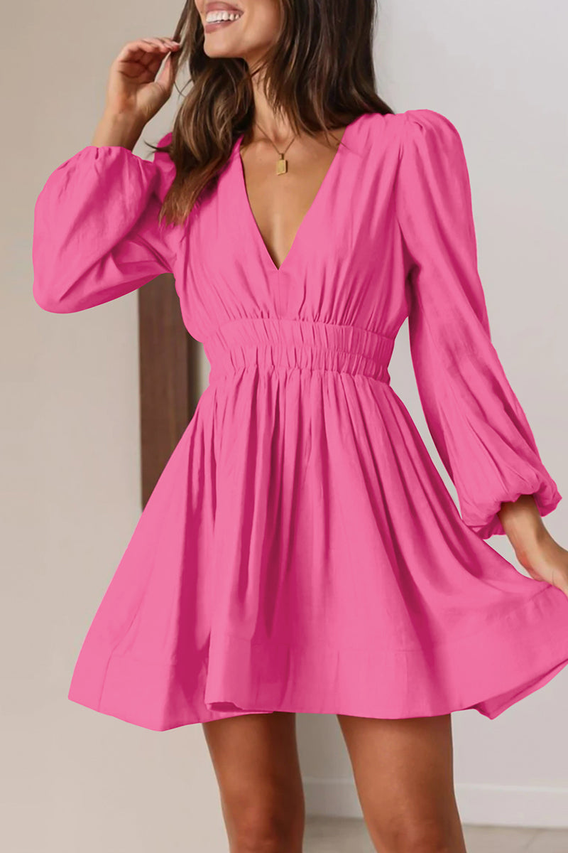 Women's Mini Dress - V-Neck - Long Puff Sleeves - Flared Skirt - Fitted Waist by Lumina Vancouver