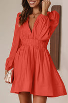 Women's Mini Dress - V-Neck - Long Puff Sleeves - Flared Skirt - Fitted Waist by Lumina Vancouver