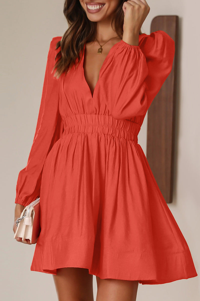 Women's Mini Dress - V-Neck - Long Puff Sleeves - Flared Skirt - Fitted Waist by Lumina Vancouver