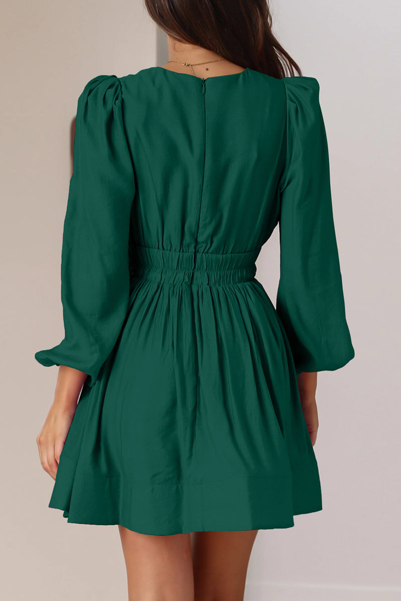 Women's Mini Dress - V-Neck - Long Puff Sleeves - Flared Skirt - Fitted Waist by Lumina Vancouver