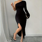 Women’s Bodycon Dress – One-Shoulder – Fringe Sleeve – Asymmetric Slit – Midi Length by Lumina Vancouver
