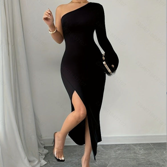 Women’s Bodycon Dress – One-Shoulder – Fringe Sleeve – Asymmetric Slit – Midi Length by Lumina Vancouver