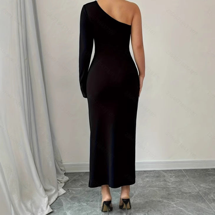 Women’s Bodycon Dress – One-Shoulder – Fringe Sleeve – Asymmetric Slit – Midi Length by Lumina Vancouver