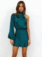 Women's One-Shoulder Dress - Satin Finish - Long Sleeve - Fitted Waist - Elegant Evening Wear by Lumina Vancouver
