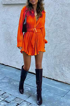 Women's Pleated Mini Shirt Dress - Button Down - Long Sleeve - Belted Waist by Lumina Vancouver