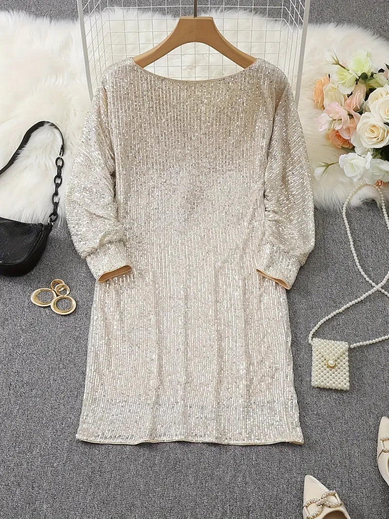 Women's Sequin Dress - Knee-Length - Long Sleeve - Round Neck - Elegant Party Wear by Lumina Vancouver