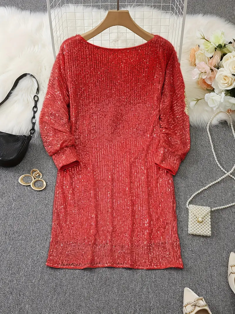 Women's Sequin Dress - Knee-Length - Long Sleeve - Round Neck - Elegant Party Wear by Lumina Vancouver