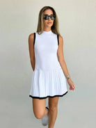 Women's Sleeveless Pleated Mini Dress – High Neck – Fitted Bodice – Elegant Casual Wear by Lumina Vancouver