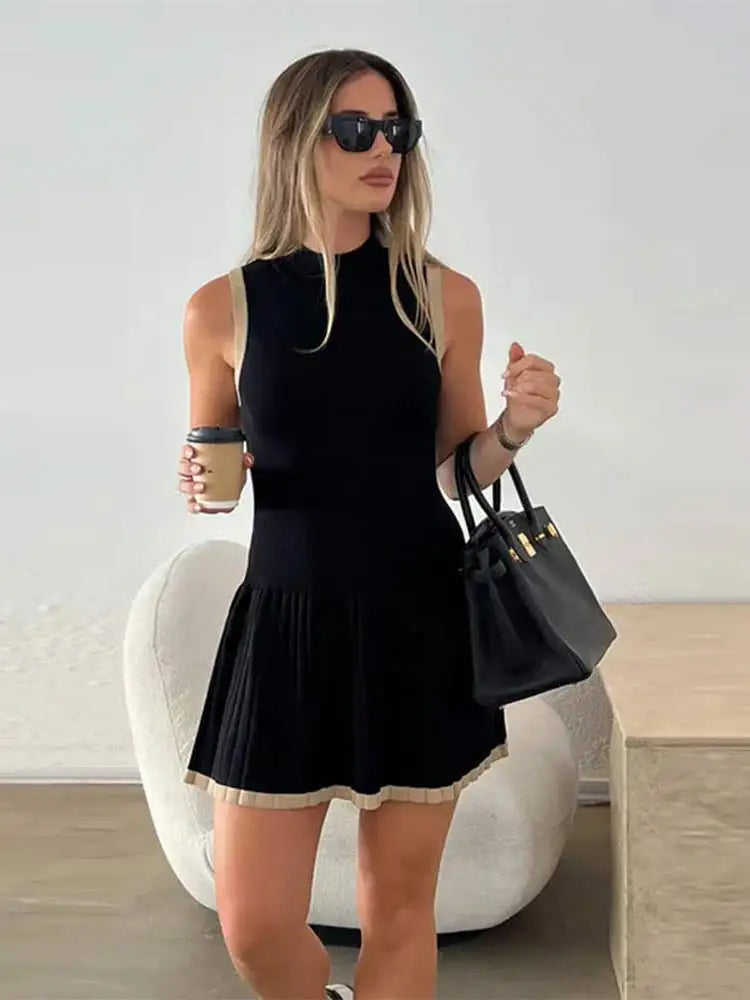 Women's Sleeveless Pleated Mini Dress – High Neck – Fitted Bodice – Elegant Casual Wear by Lumina Vancouver
