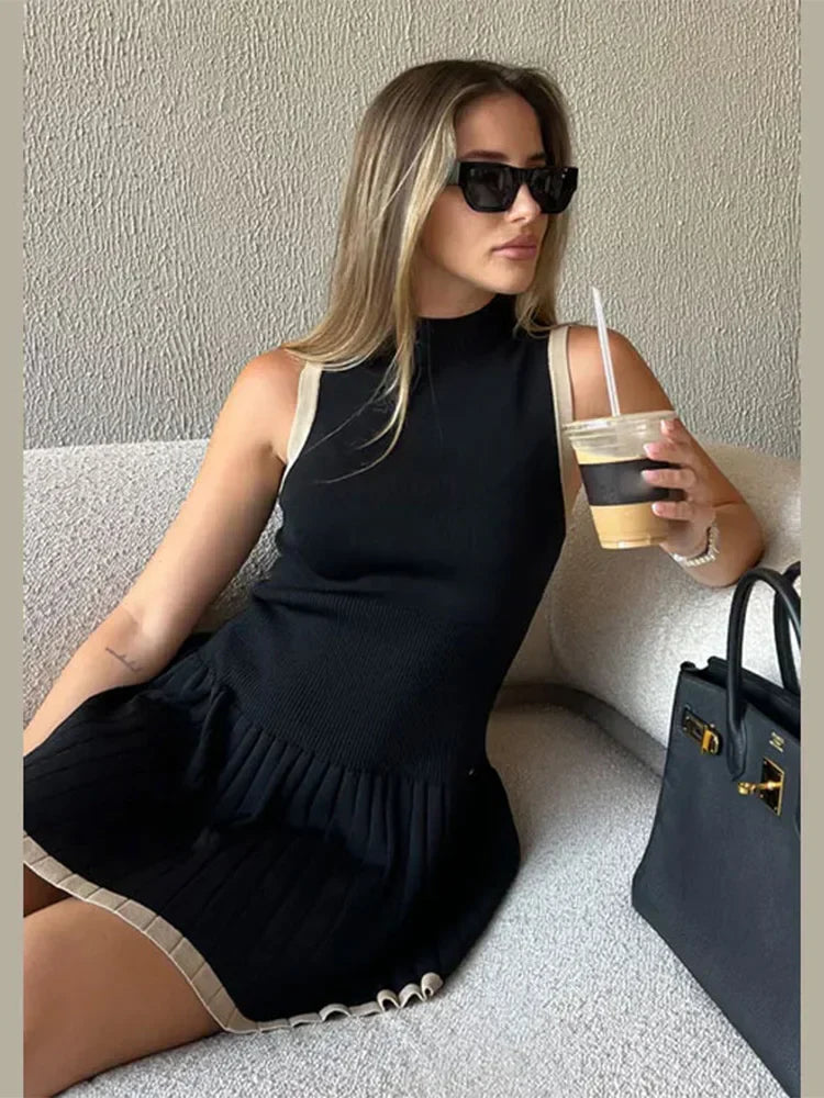 Women's Sleeveless Pleated Mini Dress – High Neck – Fitted Bodice – Elegant Casual Wear by Lumina Vancouver