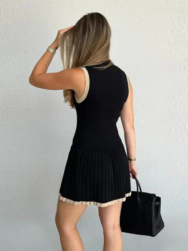 Women's Sleeveless Pleated Mini Dress – High Neck – Fitted Bodice – Elegant Casual Wear by Lumina Vancouver