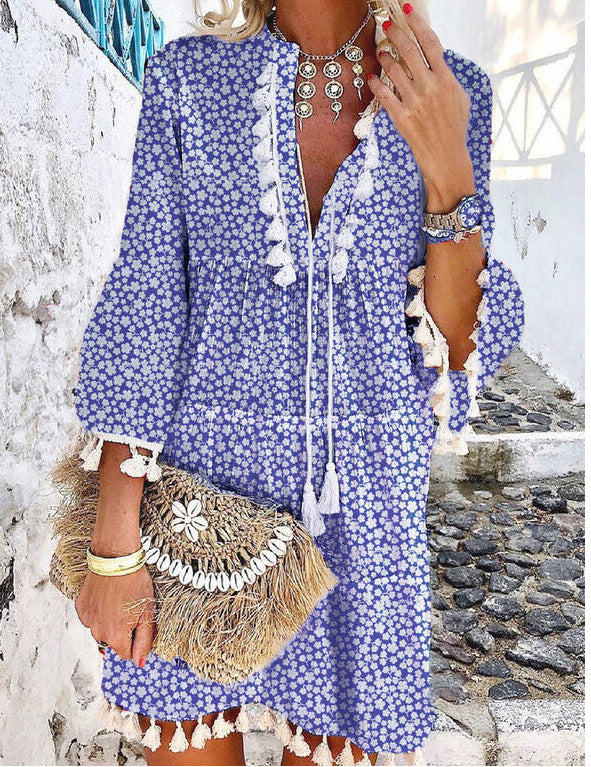 Women's Bohemian Mini Dress - V-Neck Tassel Detail - Bell Sleeve Floral Casual Wear by Lumina Vancouver
