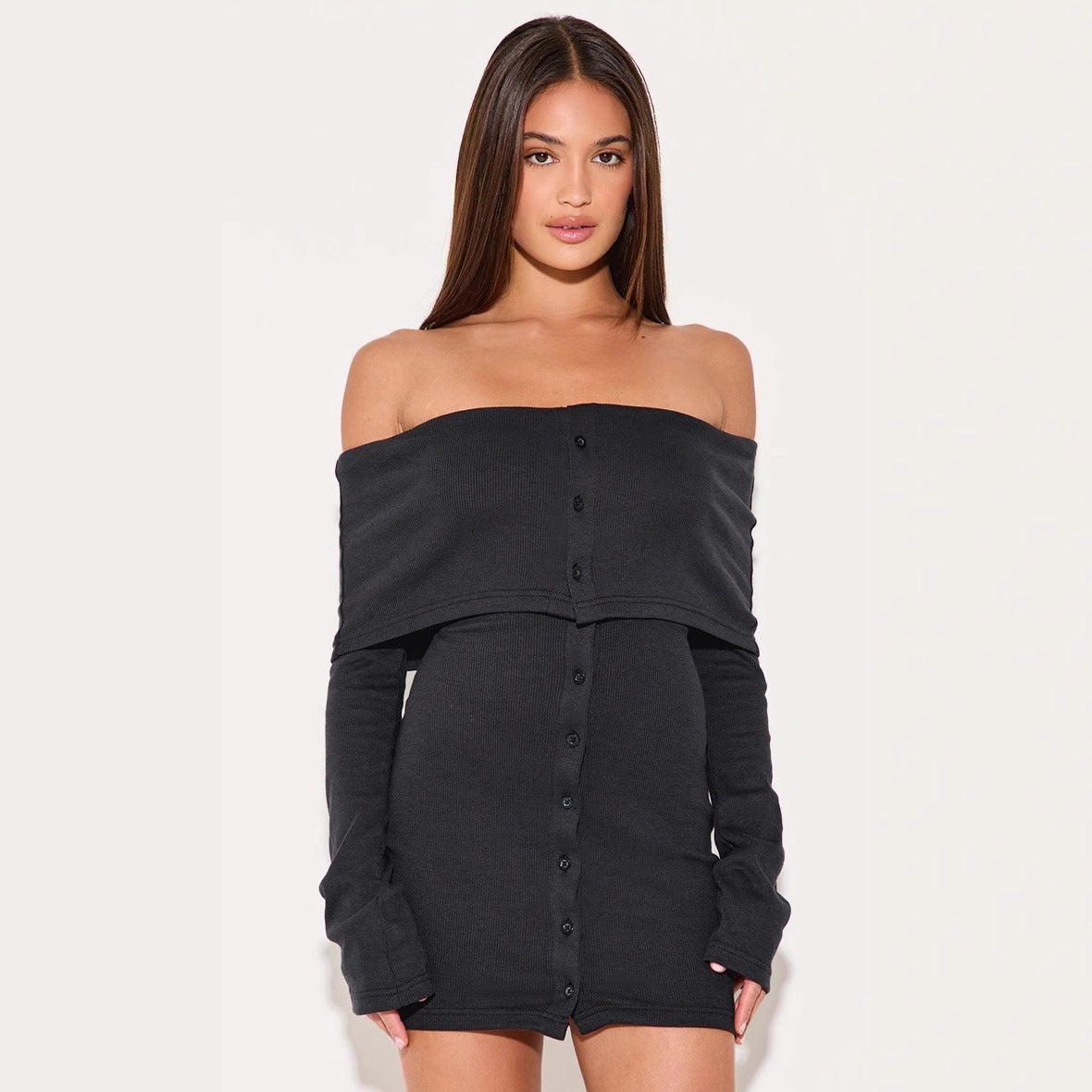 Women’s Off-Shoulder Dress – Slim Fit – Ribbed Knit – Button Front Mini – Long Sleeve by Lumina Vancouver