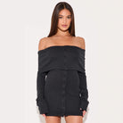 Women’s Off-Shoulder Dress – Slim Fit – Ribbed Knit – Button Front Mini – Long Sleeve by Lumina Vancouver