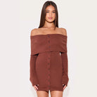 Women’s Off-Shoulder Dress – Slim Fit – Ribbed Knit – Button Front Mini – Long Sleeve by Lumina Vancouver
