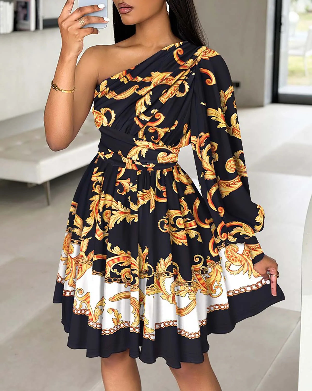 Women’s A-Line Dress - One-Shoulder Long Sleeve - Floral Print - Lightweight Flowy Fit by Lumina Vancouver