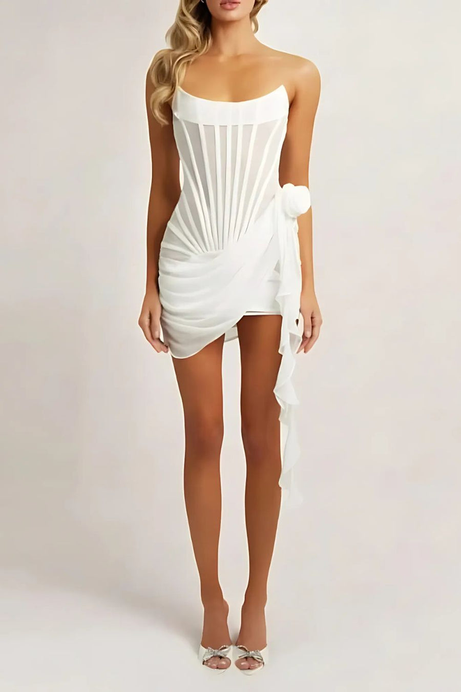 Women’s Corset Mini Dress – Strapless – Sheer Fabric – Boned Bodice – Draped Detail by Lumina Vancouver