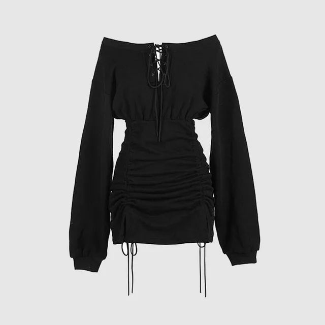 Women's Off-Shoulder Mini Dress - Ruched Body - Long Sleeve - Lace-Up Front by Lumina Vancouver