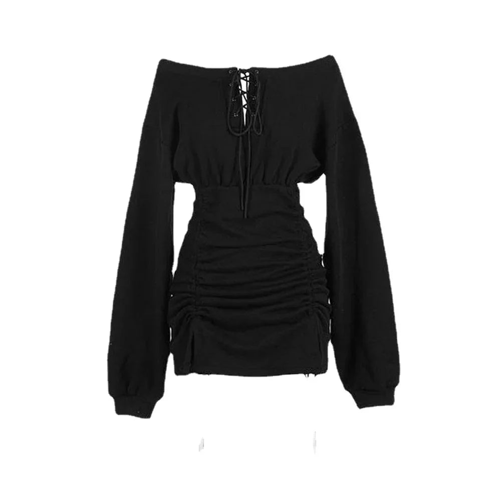 Women's Off-Shoulder Mini Dress - Ruched Body - Long Sleeve - Lace-Up Front by Lumina Vancouver