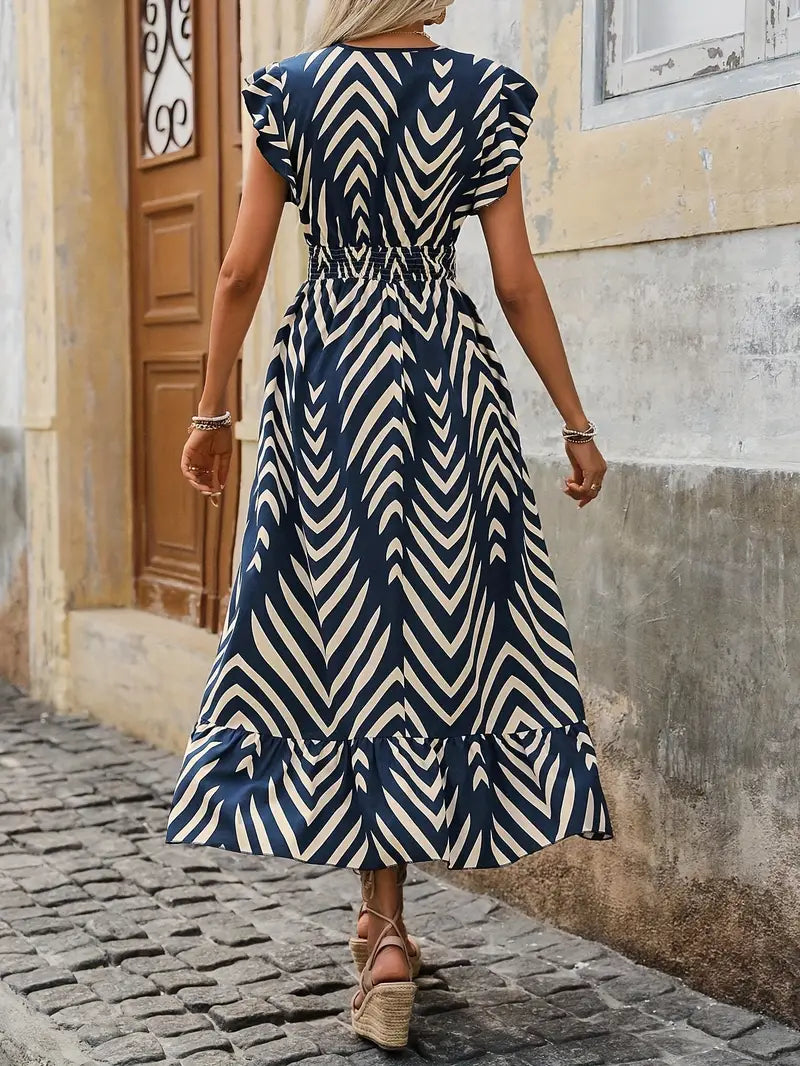Women's Dress - Sleeveless V-Neck - Cinched Waist - Ruffled Hem - Geometric Pattern by Lumina Vancouver