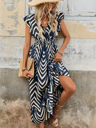 Women's Dress - Sleeveless V-Neck - Cinched Waist - Ruffled Hem - Geometric Pattern by Lumina Vancouver