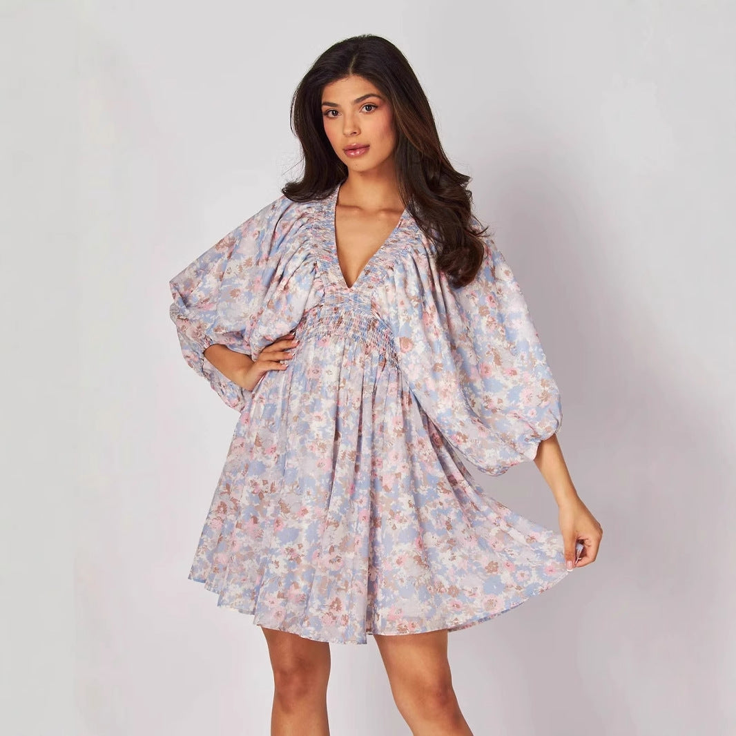Women’s Short Dress – Chiffon – V-Neck – Ruched Waist – Floral – Bishop Sleeve by Lumina Vancouver