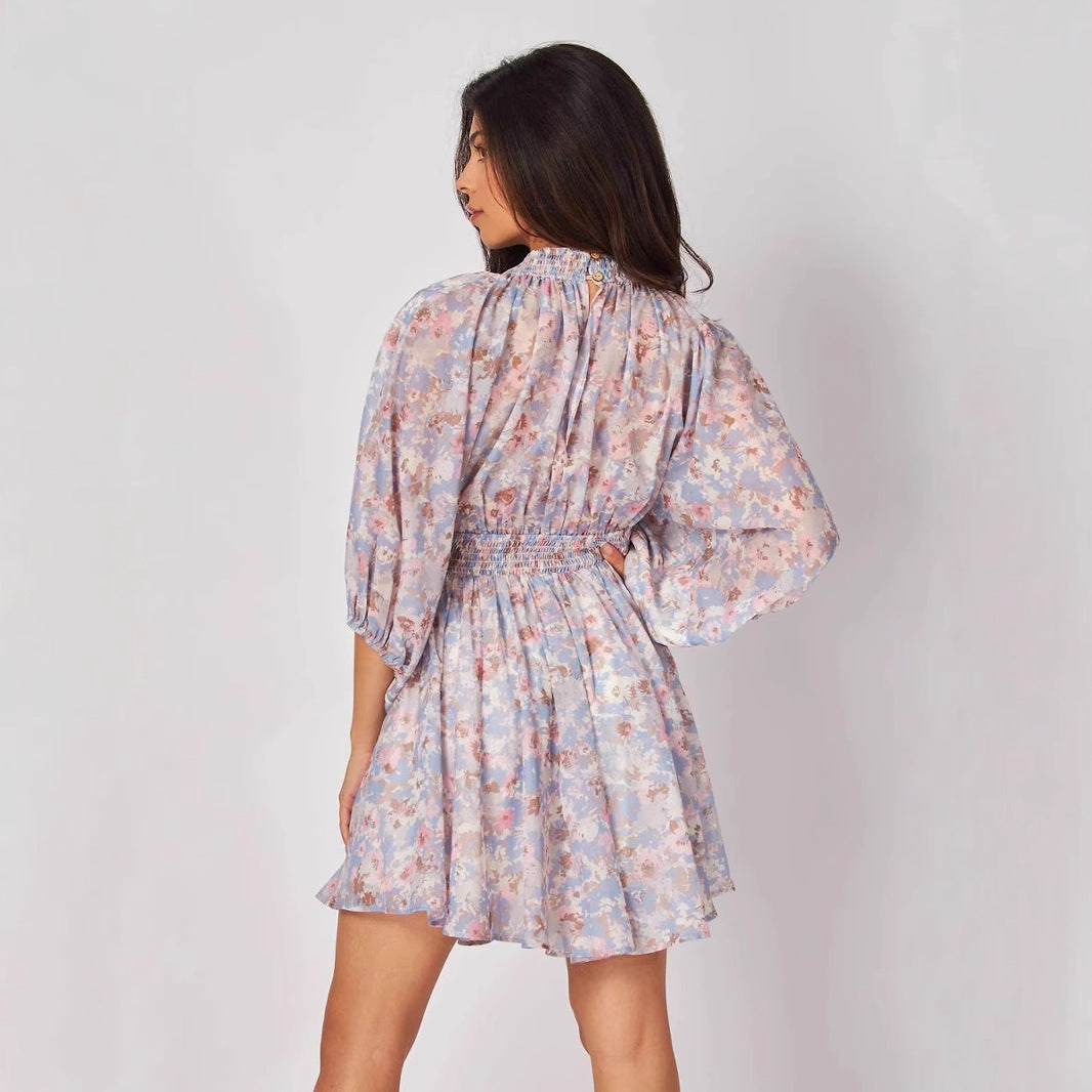 Women’s Short Dress – Chiffon – V-Neck – Ruched Waist – Floral – Bishop Sleeve by Lumina Vancouver