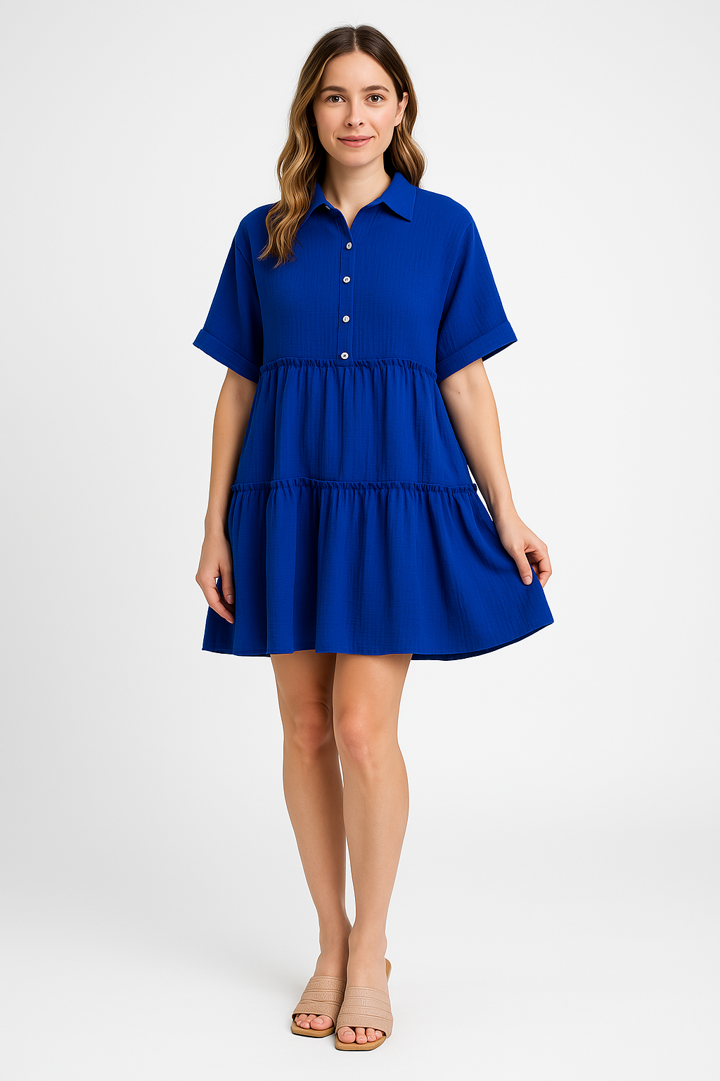 Women’s Mini Dress – Cotton Linen Blend – Loose Fit – Tiered – Collared Short Sleeve by Lumina Vancouver