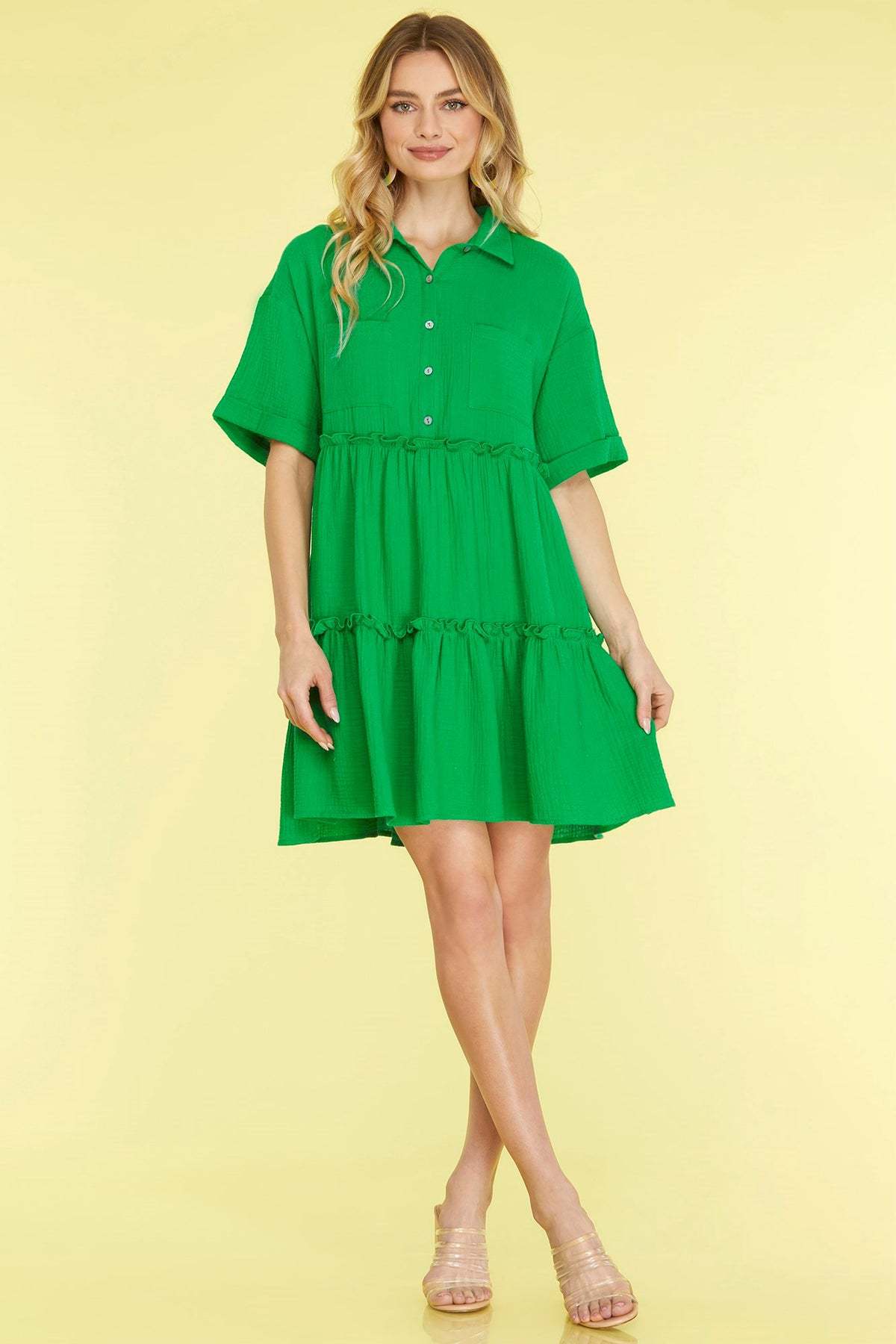 Women’s Mini Dress – Cotton Linen Blend – Loose Fit – Tiered – Collared Short Sleeve by Lumina Vancouver