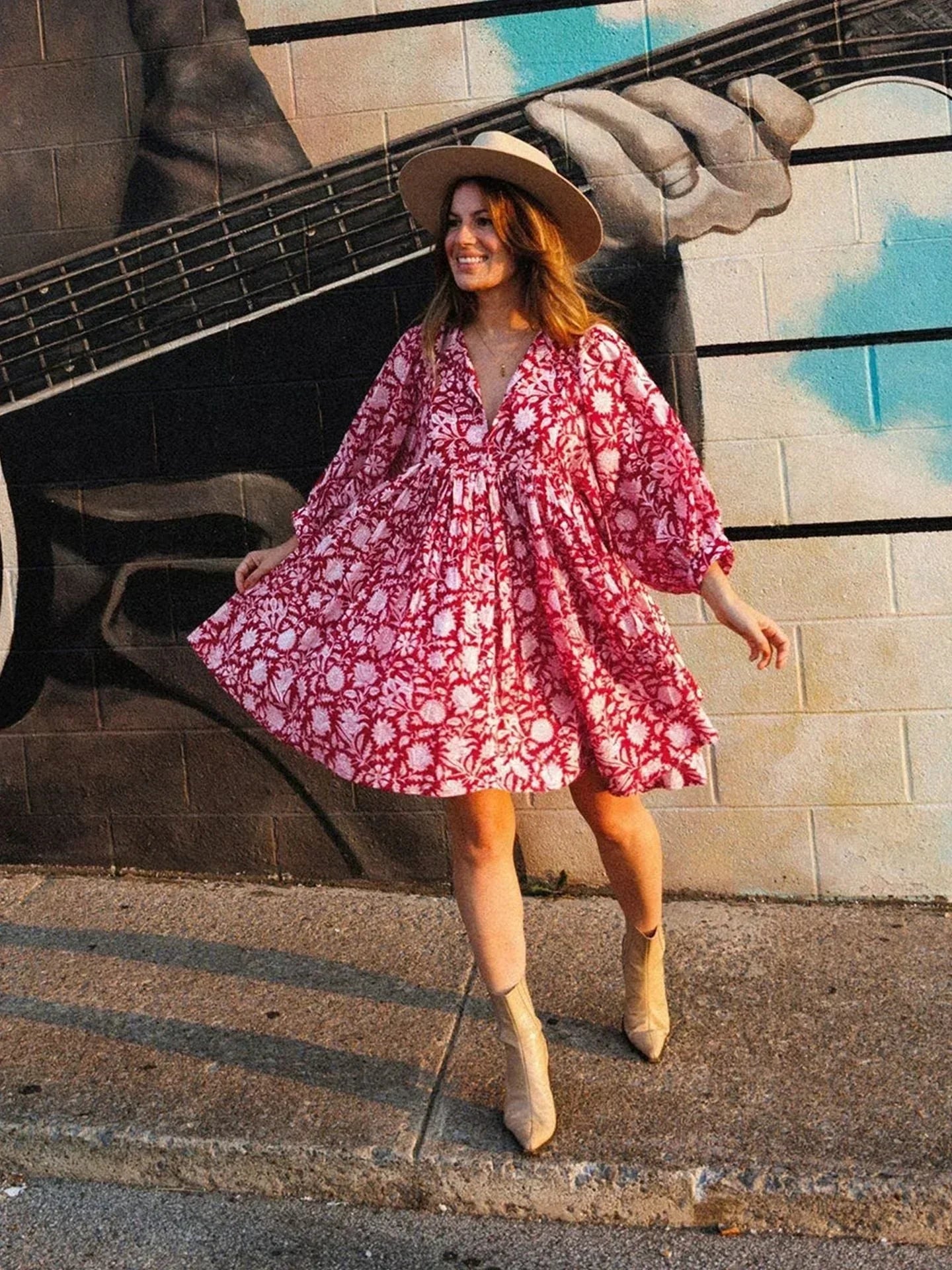 Women's Dress - Flowy Bohemian Style - Three-Quarter Sleeve - Floral Print Casual Wear by Lumina Vancouver
