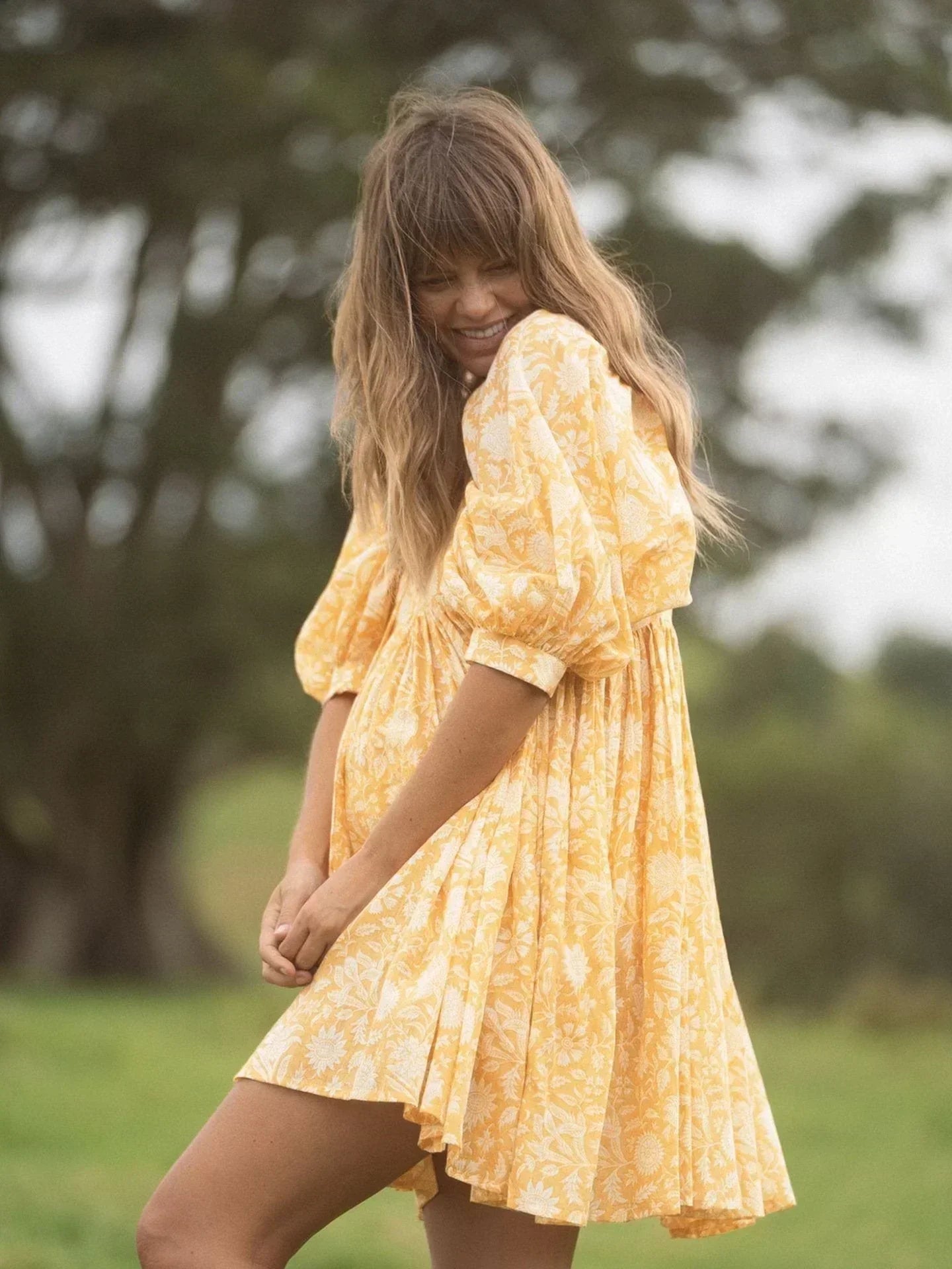 Women's Dress - Flowy Bohemian Style - Three-Quarter Sleeve - Floral Print Casual Wear by Lumina Vancouver